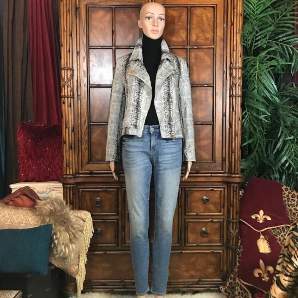 Stone Skinny Python Zip Sleeve Moto Jacket - Picture 5 of 16